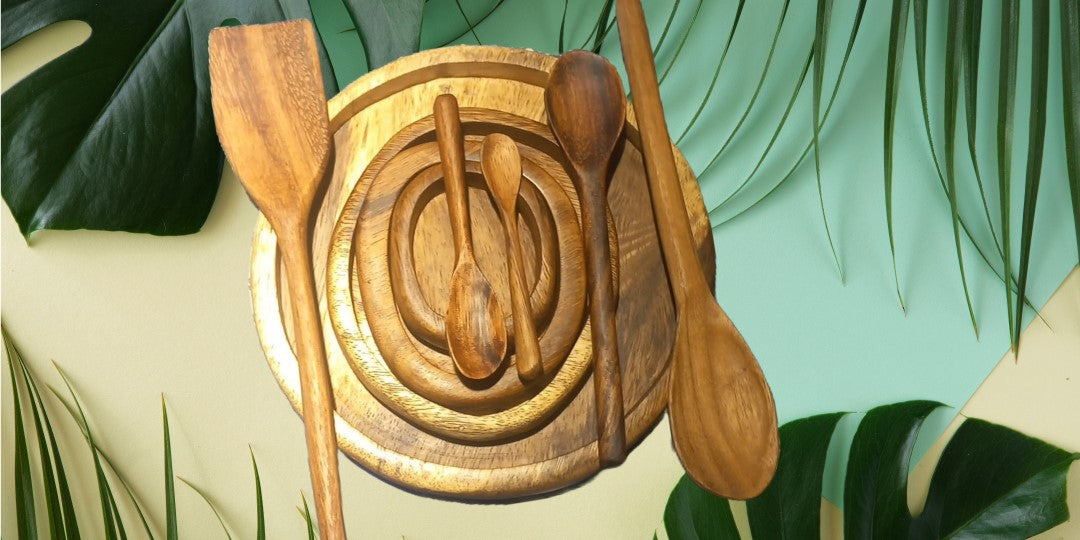 hand carved wooden plates and utensils