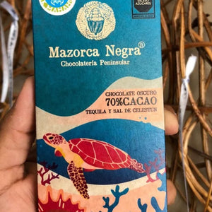 box of 70% cacao chocolate bar that contains tequila and sea salt