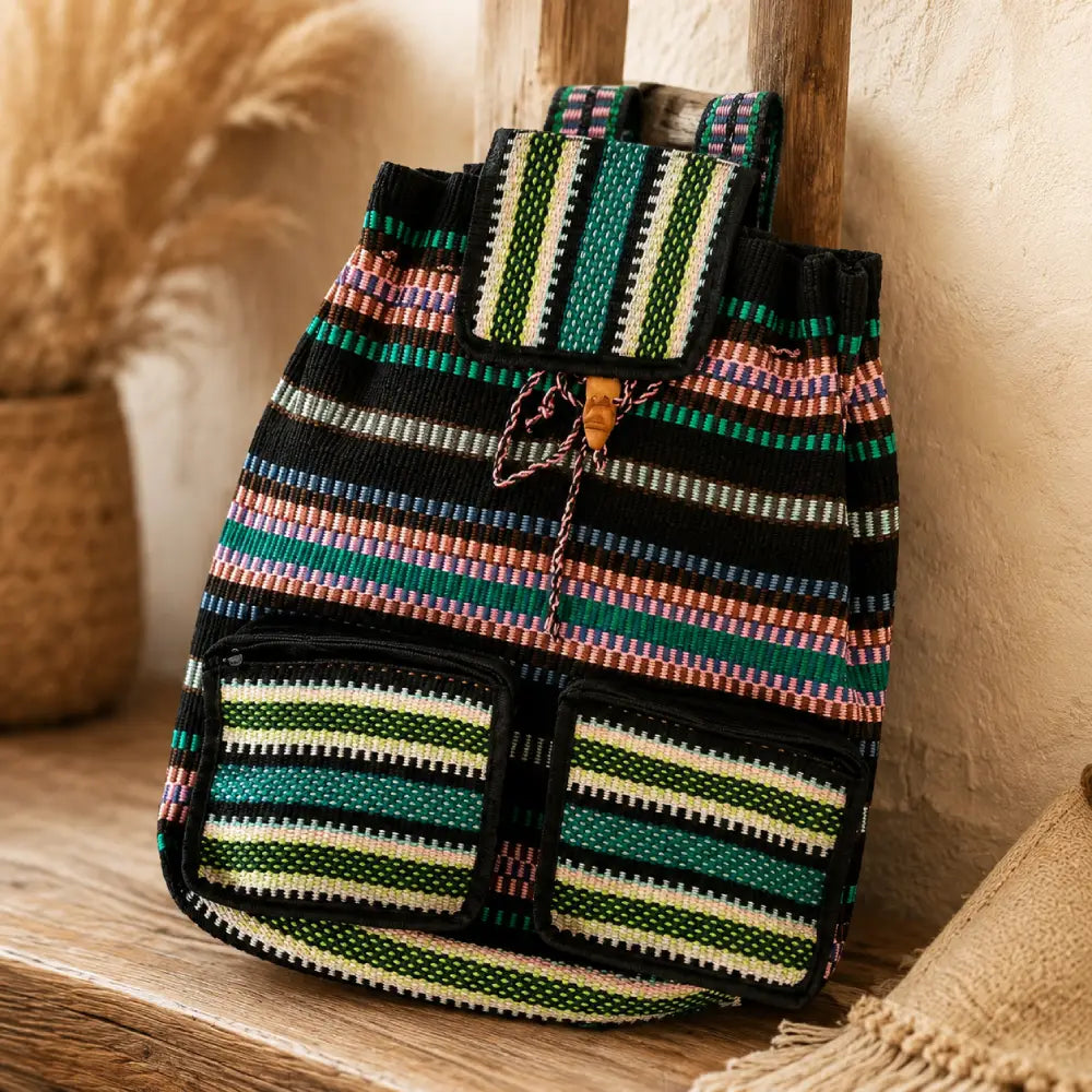 Black and pink handwoven Boruca cotton backpack from Costa Rica