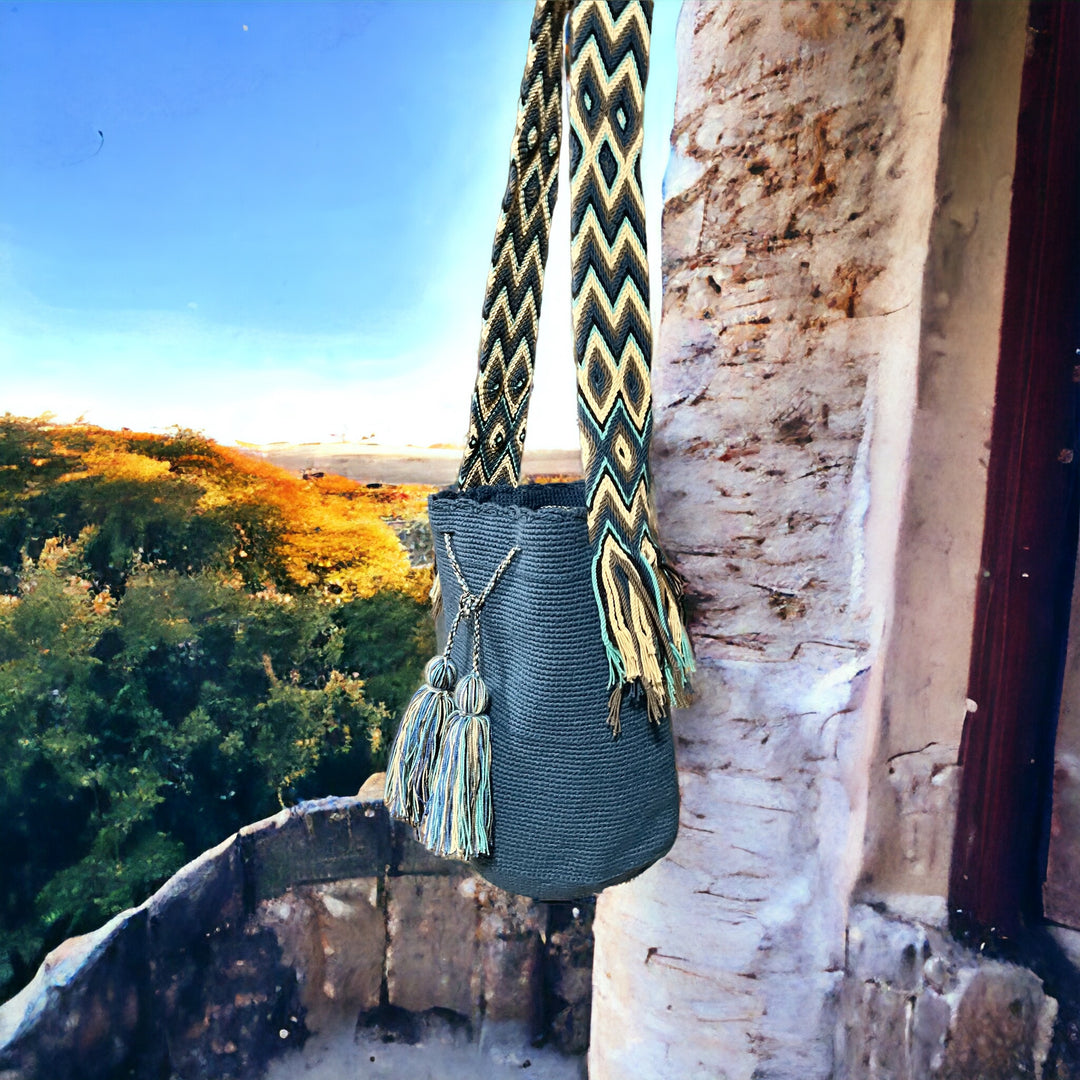 Handcrafted Oaxacan cotton bucket bag with colorful strap