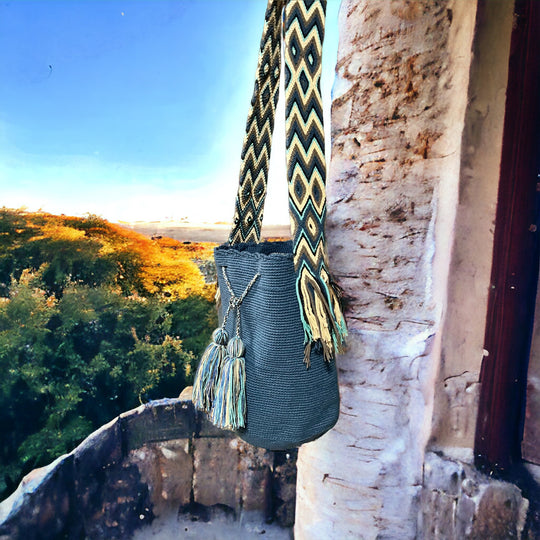 Handcrafted Oaxacan cotton bucket bag with colorful strap