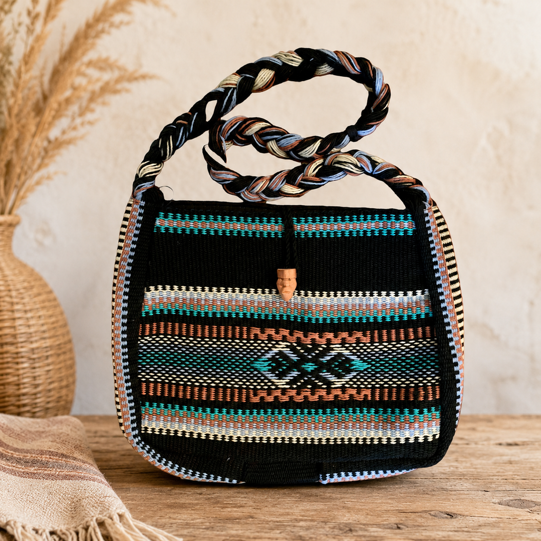Black and turquoise Boruca cotton shoulder bag