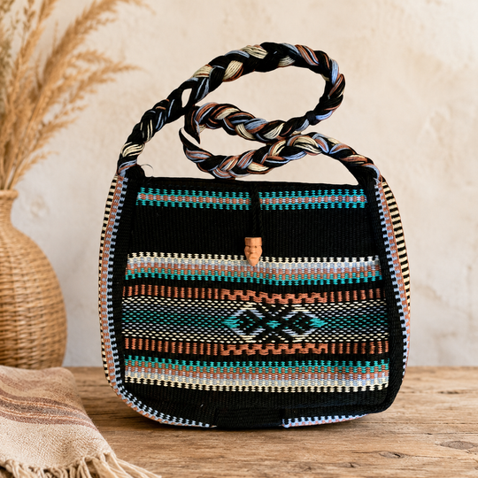 Black and turquoise Boruca cotton shoulder bag
