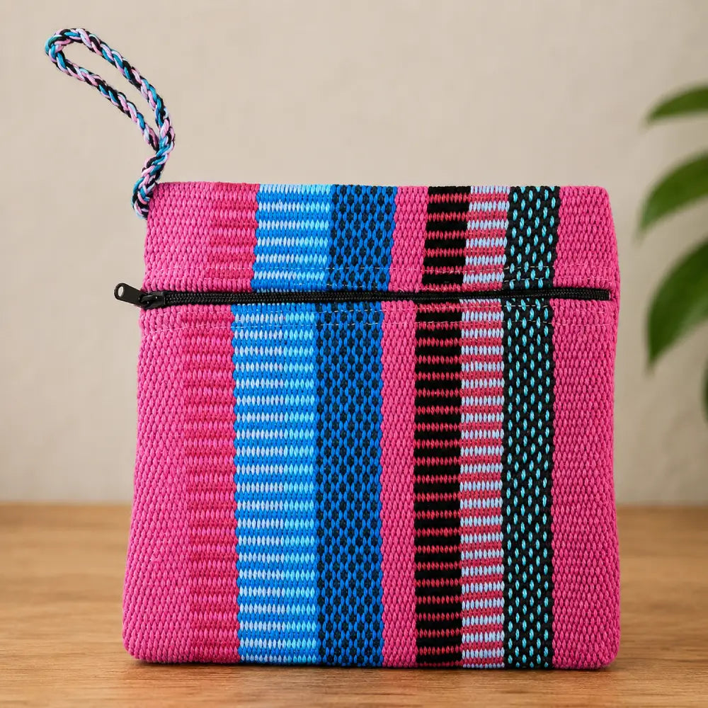 Pink and blue handwoven cotton zipper pouch from Costa Rica